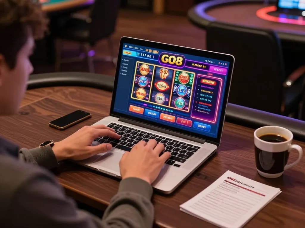 Engaging in online gambling at GO8; player uses laptop to explore exciting casino games