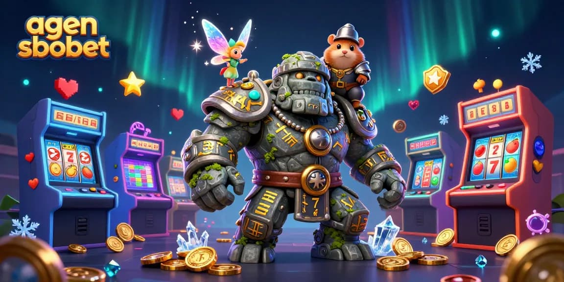 Agen sbobet menghadirkan ilustrasi kasino 3D dengan golem batu kuno, peri, dan kesatria hamster dikelilingi simbol slot