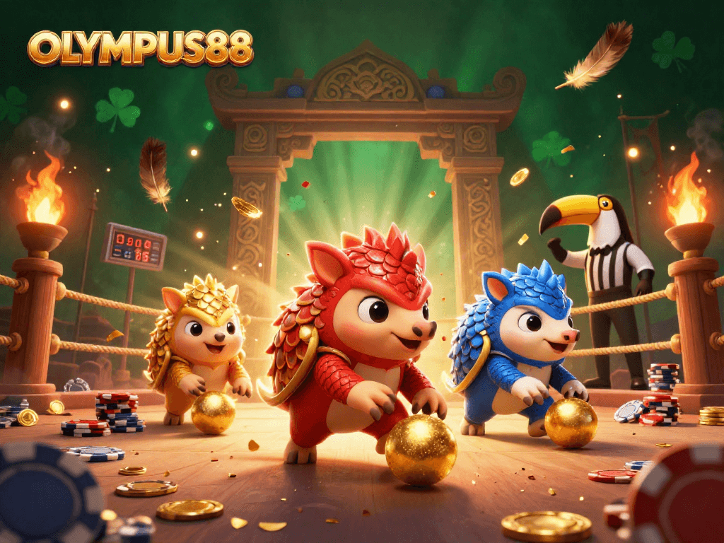 Experience thrilling gameplay with OLYMPUS88 as rival pangolins compete amidst poker chips and golden scales.