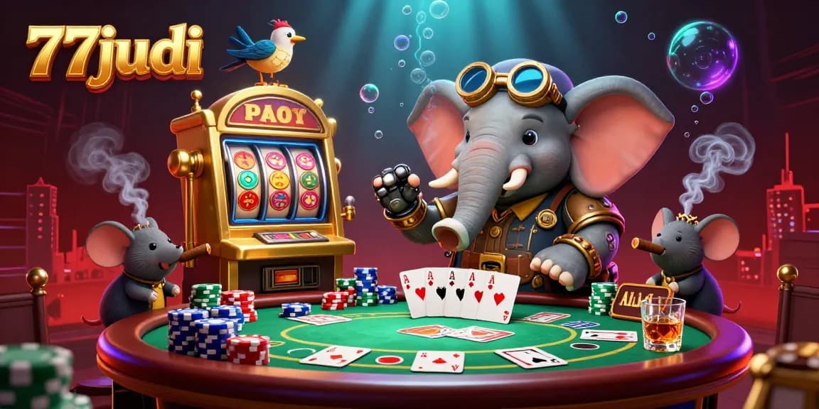 Experience luxury and excitement at 77judi casino with our engaging steampunk-themed illustration of gaming action.
