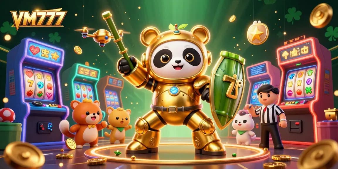 Experience the excitement of VM777 with a golden panda piloting a robot in a dynamic 3D casino arena.