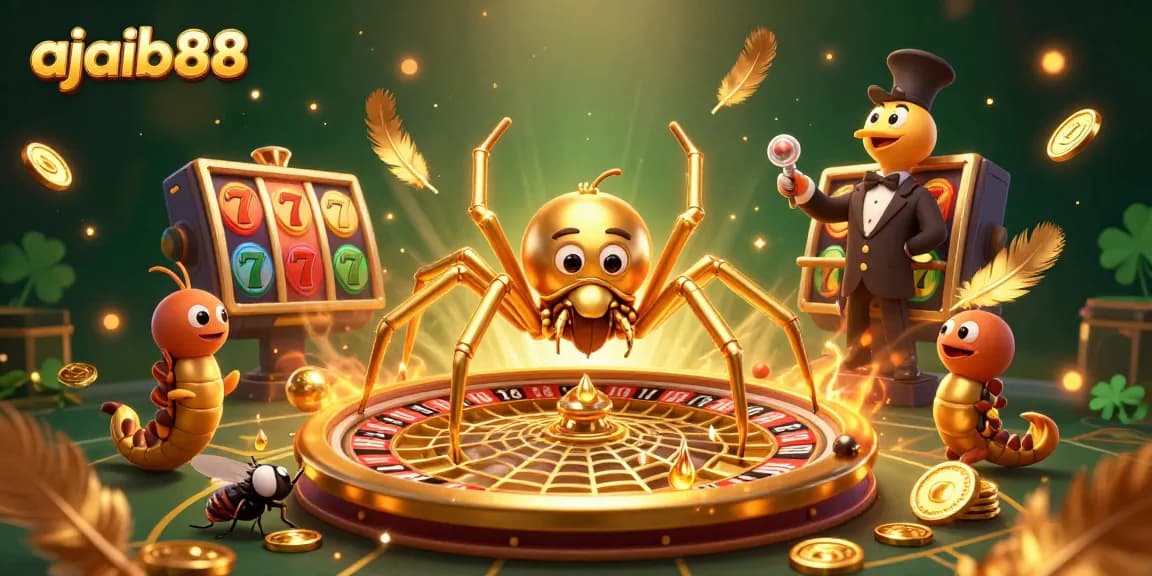 Engage in thrilling bets at ajaib88 with golden spider and centipede in a vibrant casino scene.