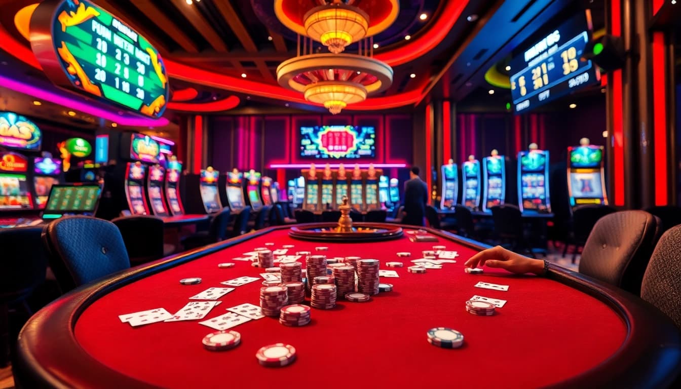 Kèo nhà cái 5 gaming action at a vibrant casino with cards and roulette.
