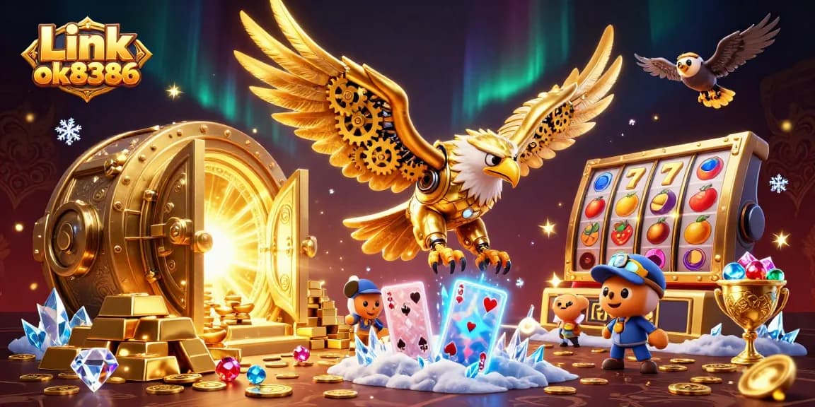 Experience the thrill of Link ok8386 with a dynamic scene of a golden eagle soaring through colorful playing cards!