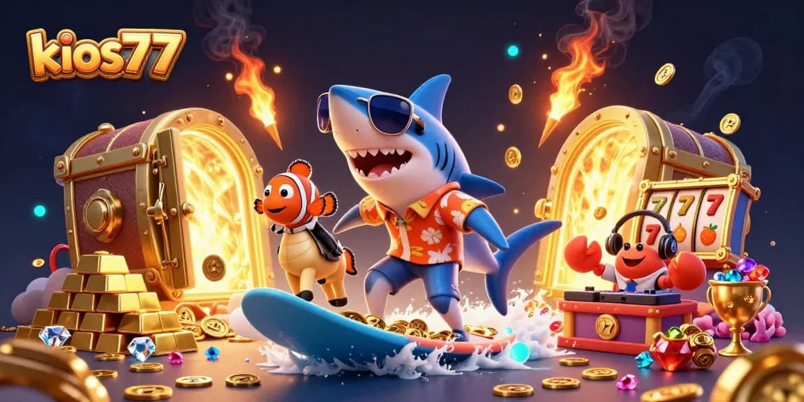 Engage with kios77 thrilling slots as cartoon characters dance on golden waves in vibrant 3D.