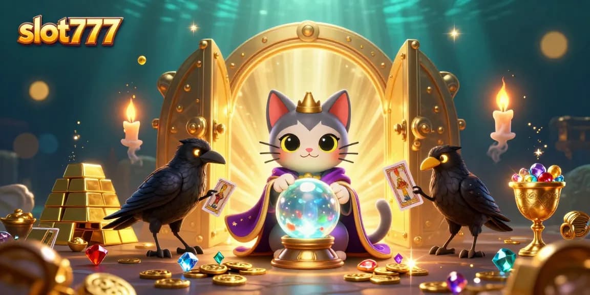 Engage with slot777 as the cartoon mystic cat and raven reveal hidden treasures in this vibrant casino illustration.