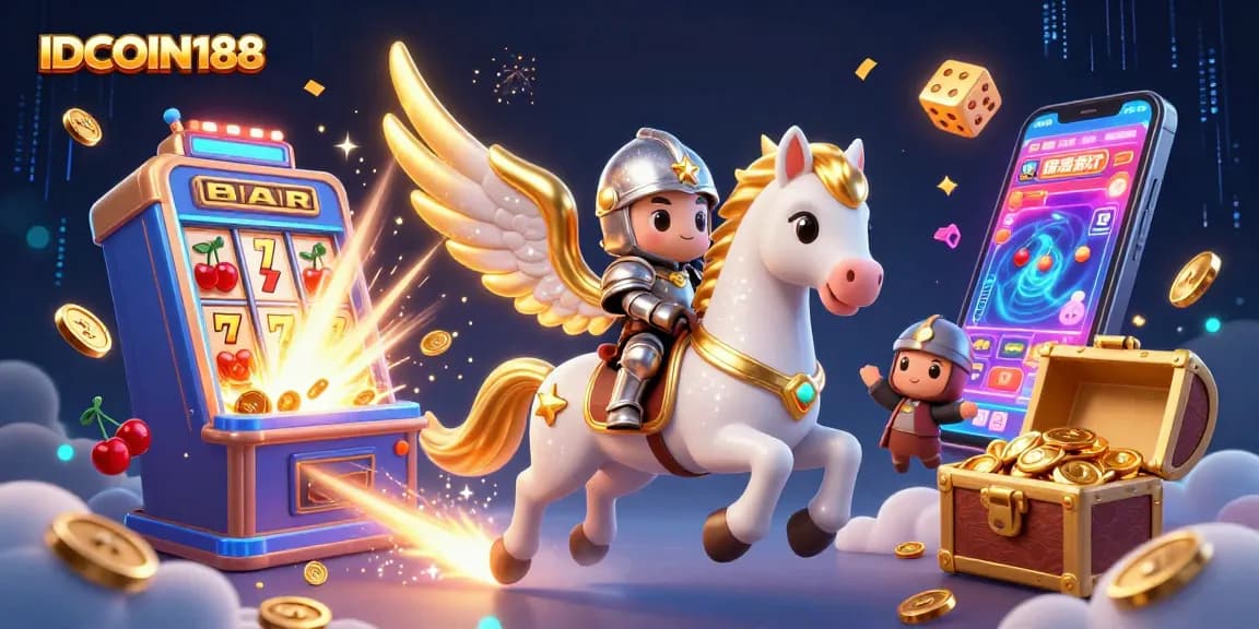 IDCOIN188 offers an exciting 3D illustration of a celestial horse and knight amid vibrant casino elements.