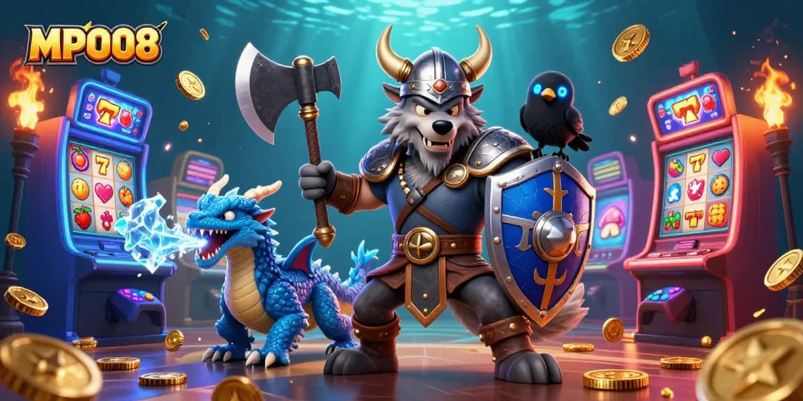 MPO08 slots illustration featuring a Viking wolf warrior, dragon, and glowing game elements.