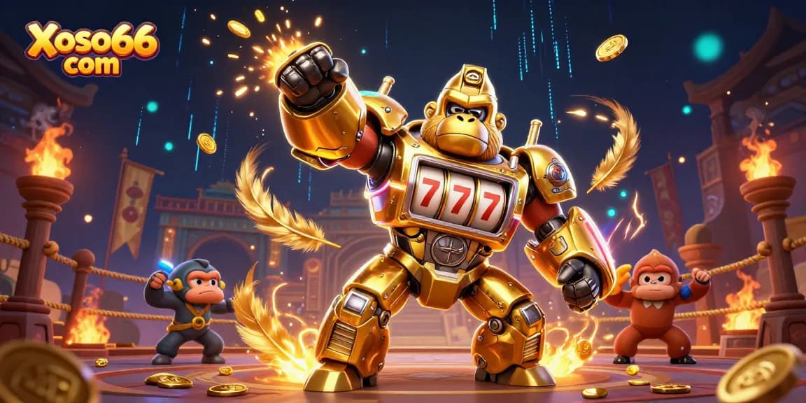 Engage with dynamic gaming at Xoso66 com featuring a golden gorilla mech amid vivid gambling elements.