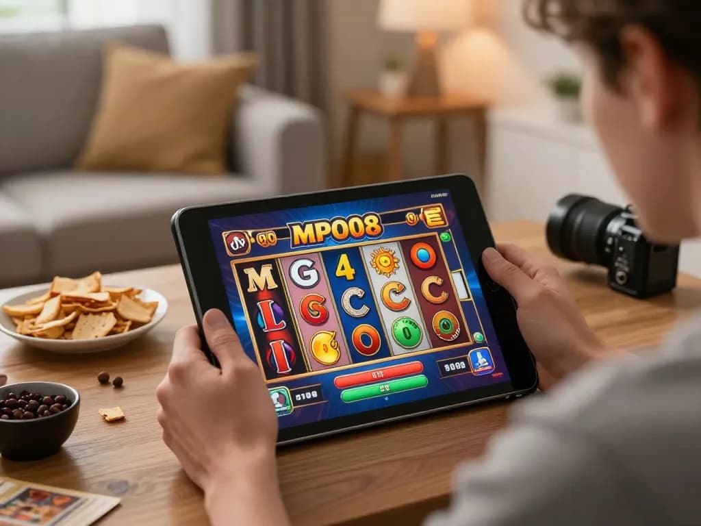 MPO08 player enjoying interactive online casino games with colorful slot reels in a cozy home setting.