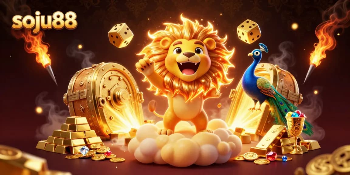 Soju88 brings luck with a lion, golden dice, and jewels in a vibrant casino scene.