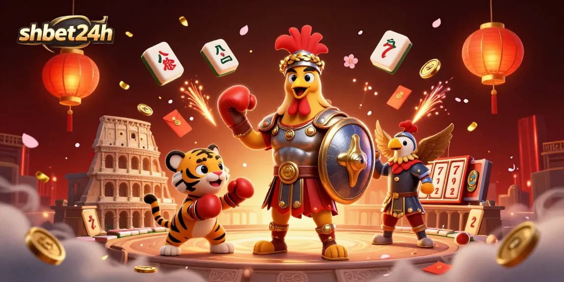 Engage with shbet24h's exciting gaming scene featuring a dynamic rooster gladiator and vibrant casino elements.