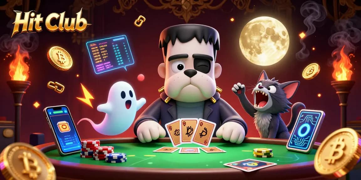 Hit Club's exciting gameplay features a bulldog monster dealing cards amid floating coins.