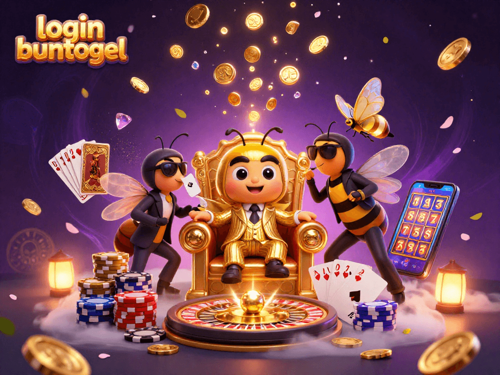 Experience the thrill of login buntogel with a vibrant casino-themed illustration featuring animated characters and game elements.