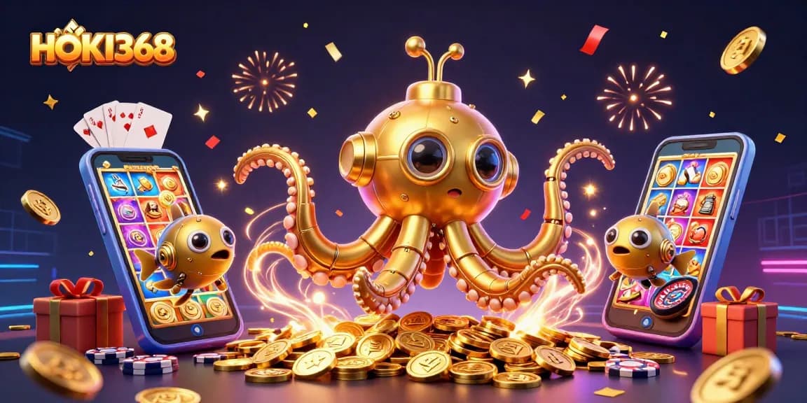 Engage with HOKI368 casino adventure featuring golden kraken amidst slot game excitement and festive elements.