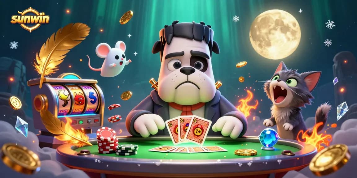 Engage in thrilling card games at sunwin with a whimsical scene featuring colorful characters and casino elements.