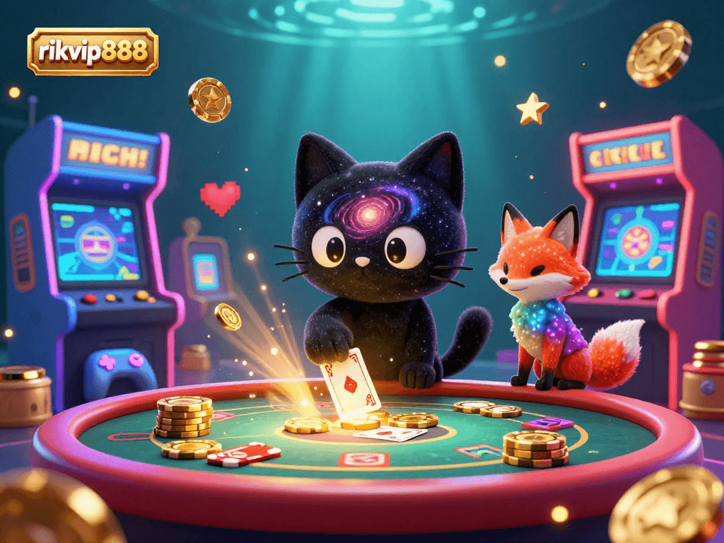 Play and win at rikvip888 with a vibrant 3D digital casino scene featuring character adventures and gaming elements.