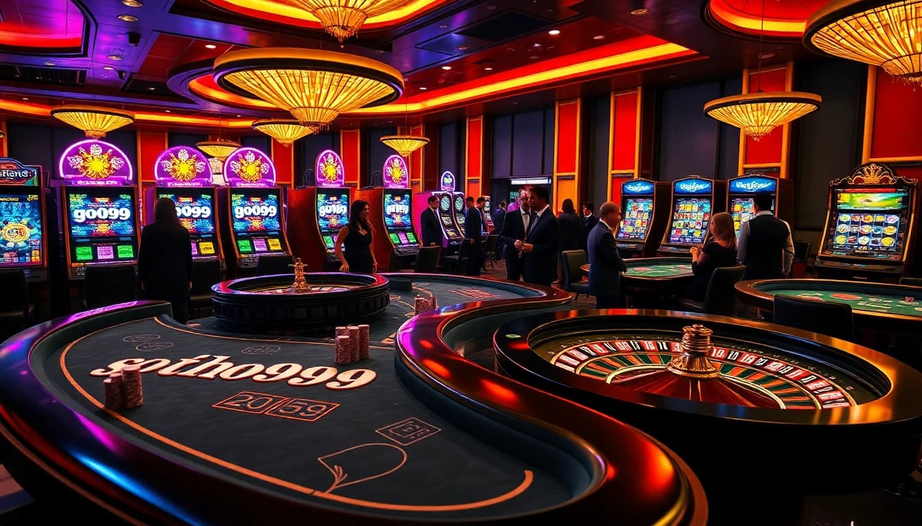 A vibrant casino scene showcasing gaming tables and slot machines, featuring the engaging atmosphere of go99.