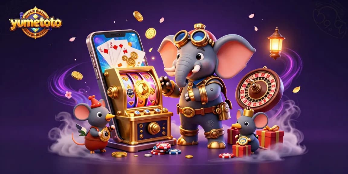 Spin to win with yumetoto in a vibrant illustration of a steampunk elephant at a golden slot machine.