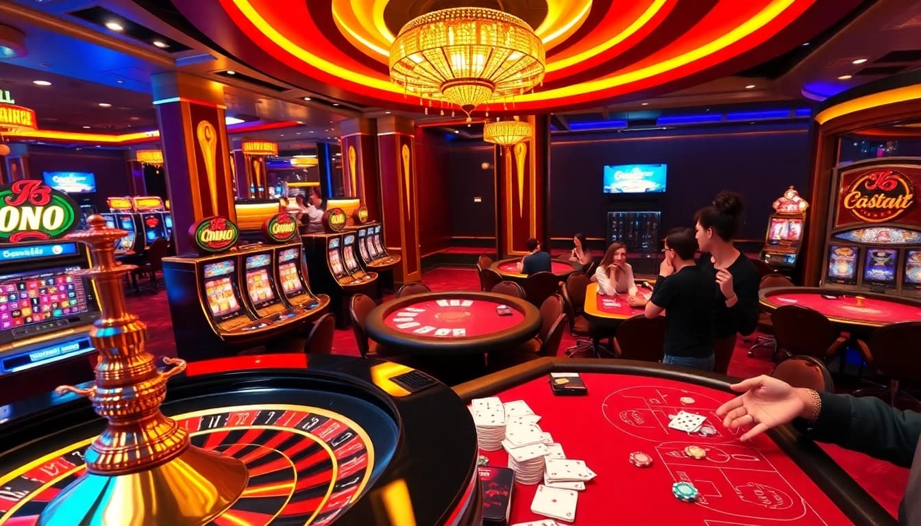A dynamic casino scene highlighting exciting gaming action at nhà cái 88bet with roulette and slot machines.