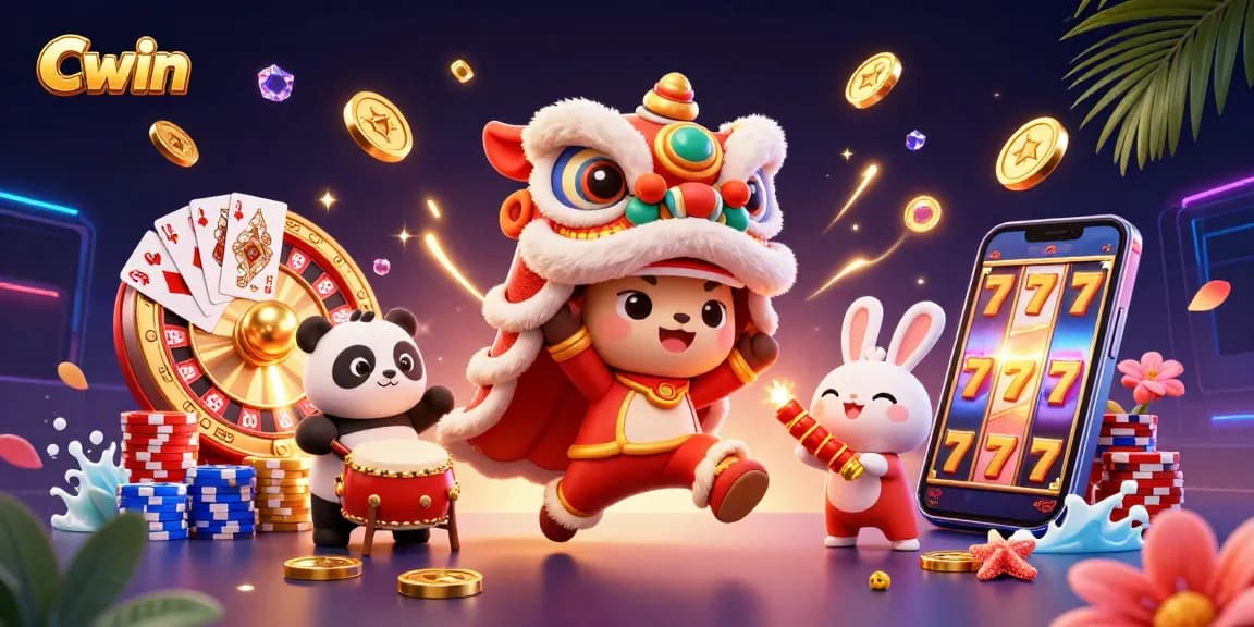 Cwin showcases a vibrant casino scene with a performing lion dance, drumming panda, and dynamic game elements for gamblers.