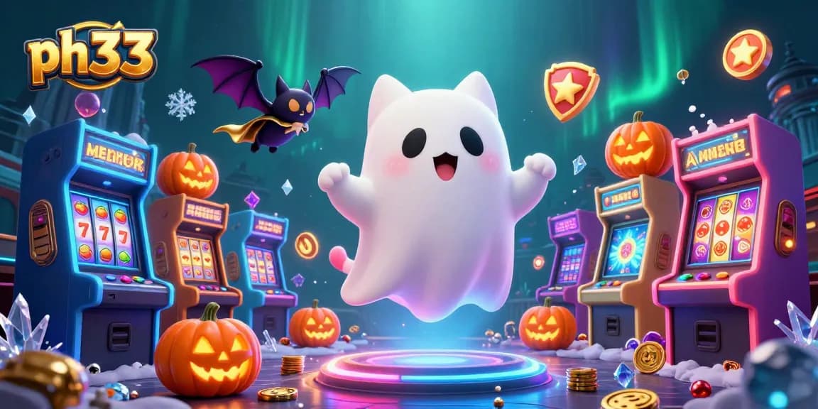 Experience exciting gaming adventures at ph33 with a friendly ghost cat and vampire bat in a haunting casino.