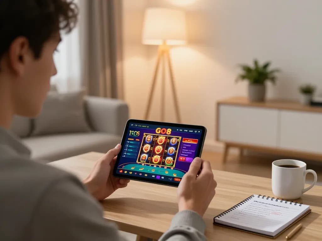 Engaging in GO8 mobile gaming experience while strategizing in a cozy home setting