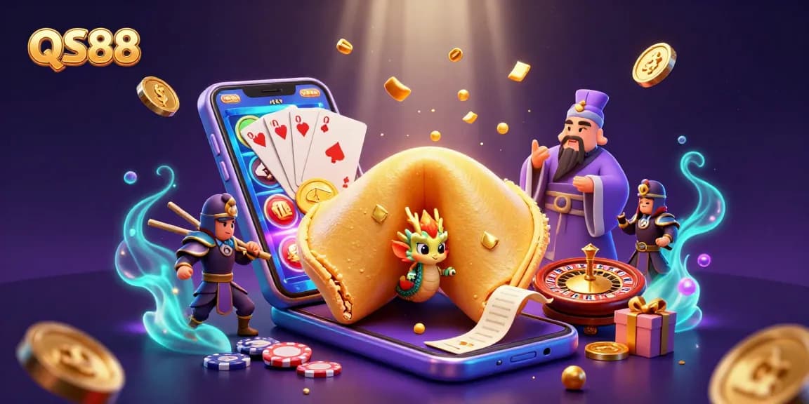 Win big with QS88 as golden fortune cookie characters deliver vibrant casino fun, showcasing slot-themed gaming excitement.