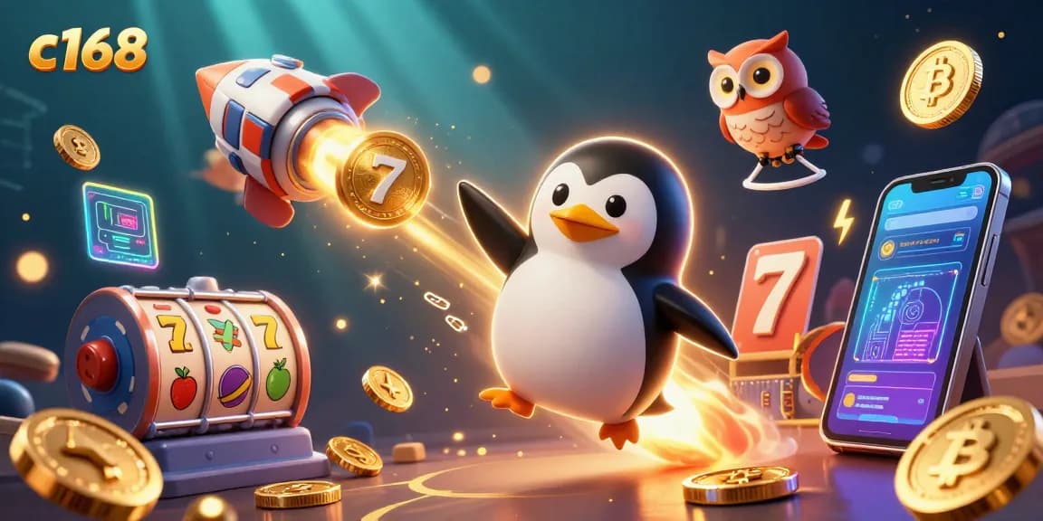 C168 casino adventure featuring a golden penguin, slot reels, and crypto elements in vibrant 3D.