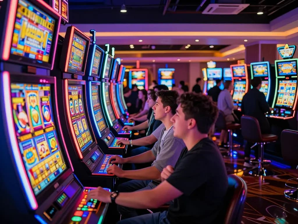Players enjoy a thrilling experience with link slot machines in a vibrant casino.