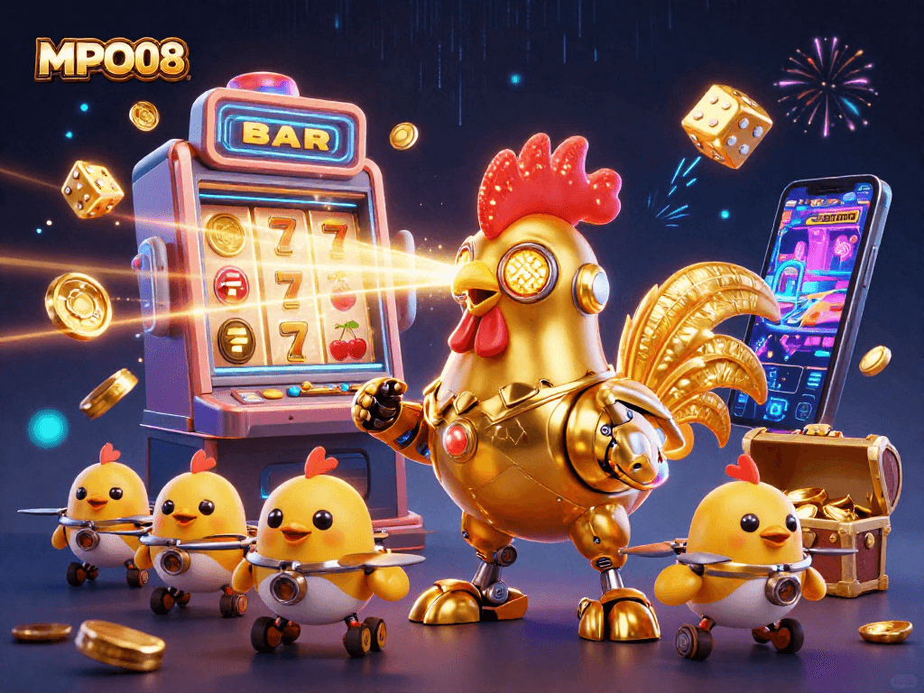 MPO08 offers thrilling slot games with a dynamic 3D rooster robot and baby chick drones in an engaging casino scene.