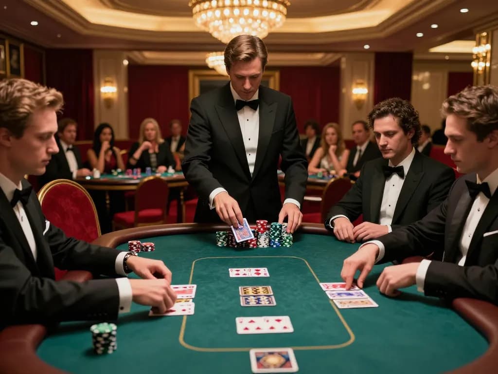 79king poker game in a luxury casino, showcasing focused players and elegant decor.
