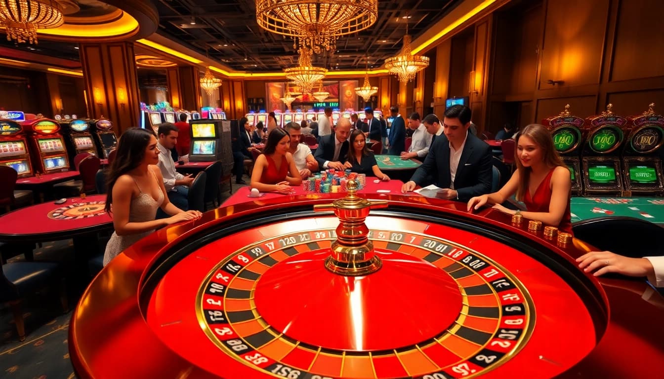 Players enjoying a thrilling roulette game at https://da88.london, surrounded by luxurious casino ambiance.