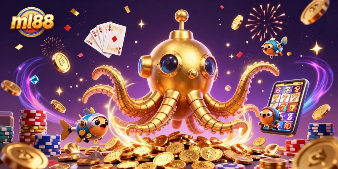 Win big at ml88 with a golden kraken surrounded by treasures in an exciting casino scene.