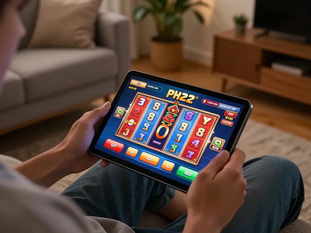 Engaging online casino gameplay on ph22 platform with vibrant slot reels displayed on tablet screen