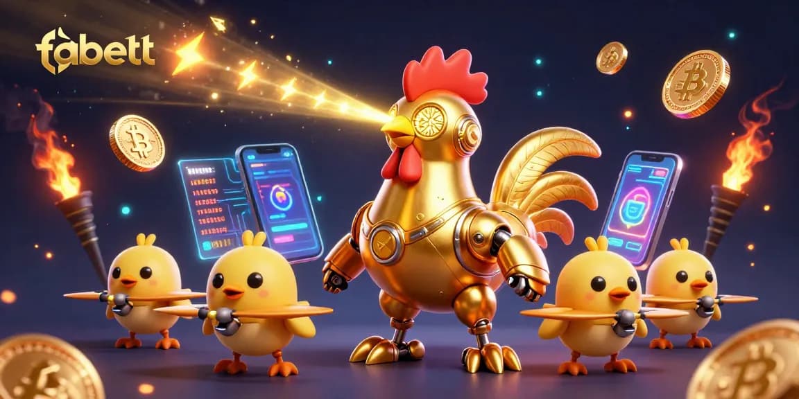 fabett showcases an engaging casino scene with a golden rooster robot and crypto elements.
