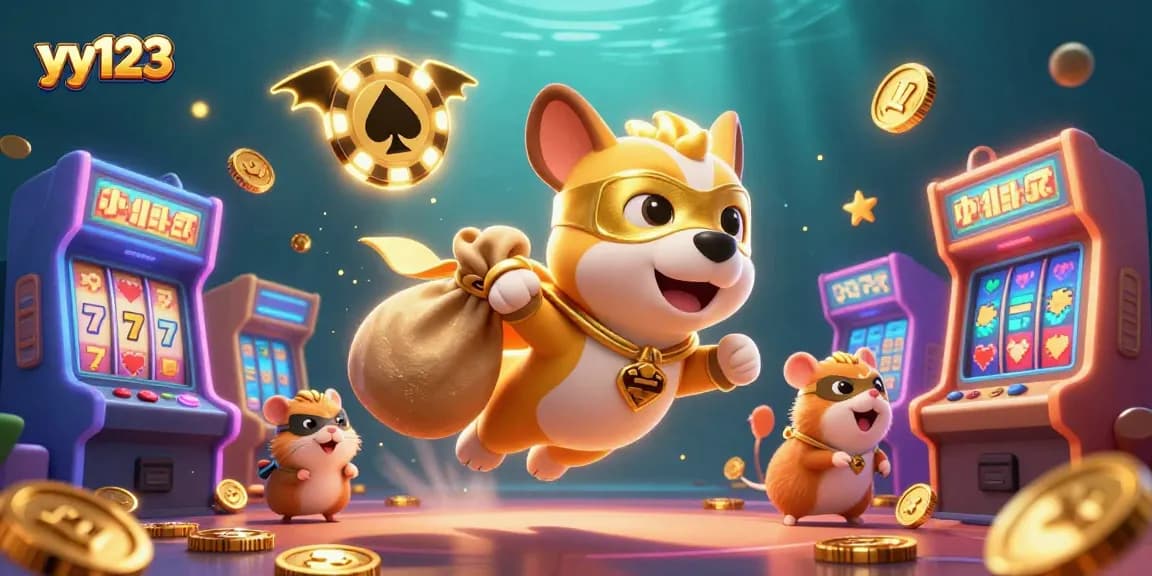 yy123 enhances gaming fun with a superhero dog flying amidst vibrant casino elements.