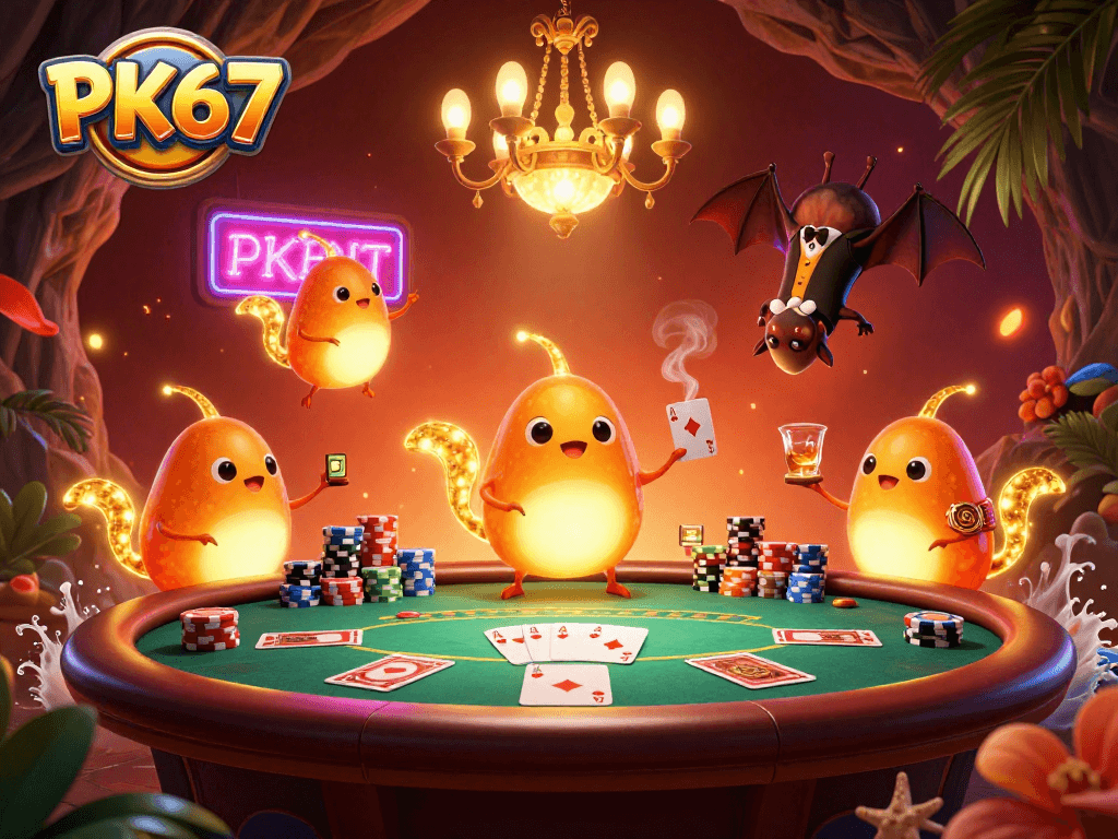 Experience thrilling poker action at PK67 with dazzling glowworms lighting a vibrant casino scene.