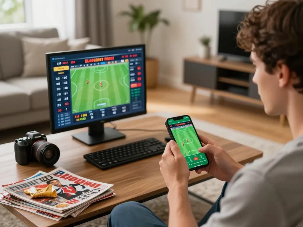 Engaged user placing bets on sports betting app at home on https://lucky88at.com/ showcasing a strategic atmosphere.