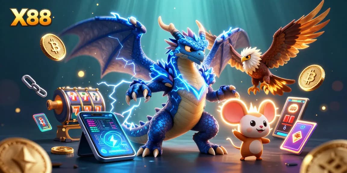 Play at X88’s dynamic casino with a captivating thunder dragon, slot games, and cryptocurrency elements.