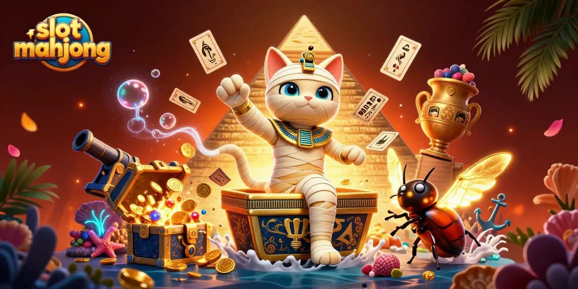 Bermain slot mahjong dengan karakter mummy kucing yang menarik di kasino, mengumpulkan koin emas yang berkilauan.