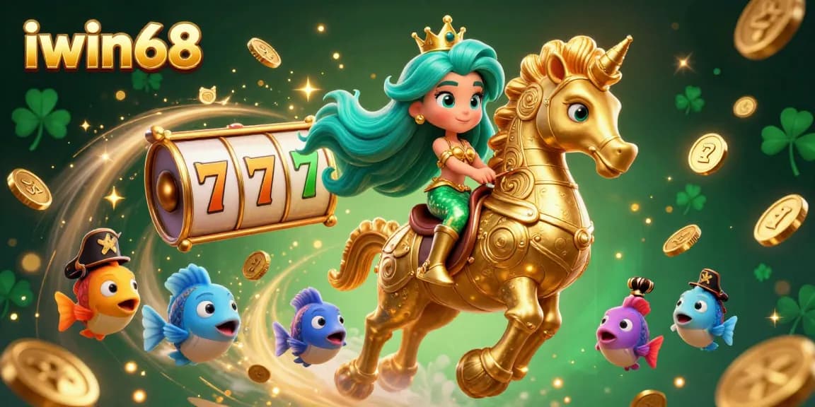 Experience thrilling gameplay at iwin68 with a vibrant casino-themed 3D illustration featuring a mermaid princess, seahorse, and gaming elements.