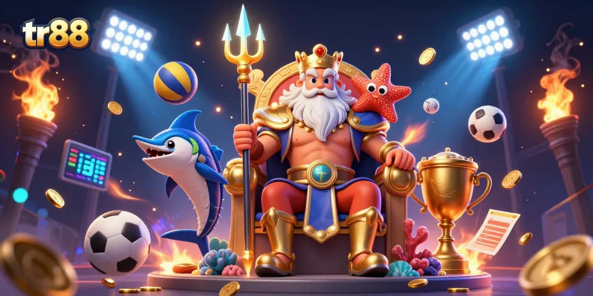 Experience tr88's thrilling gaming atmosphere with Neptune and samurai in a vibrant 3D illustration.