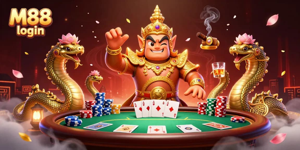 M88 login to exciting poker games featuring a golden yaksha guardian and vivid casino elements.