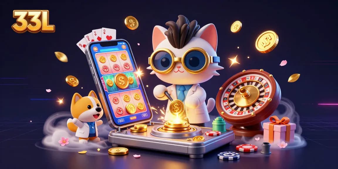 Experience thrilling online gaming with 33L's animated casino scene featuring vibrant games and dynamic elements.