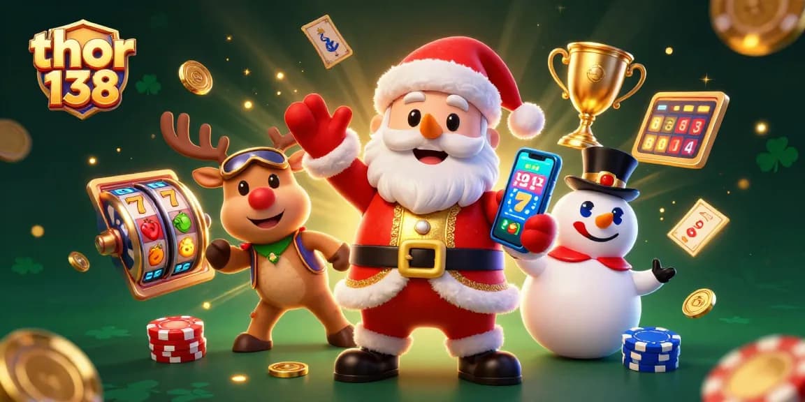 Thror 138 menghadirkan suasana kasino dengan Santa Claus, rusa, dan manusia salju di tengah slot jackpot.
