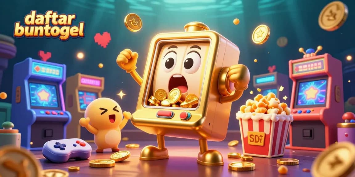 A dynamic scene showcasing daftar buntogel with a golden slot machine winning, surrounded by cheering baby slots and arcade elements.
