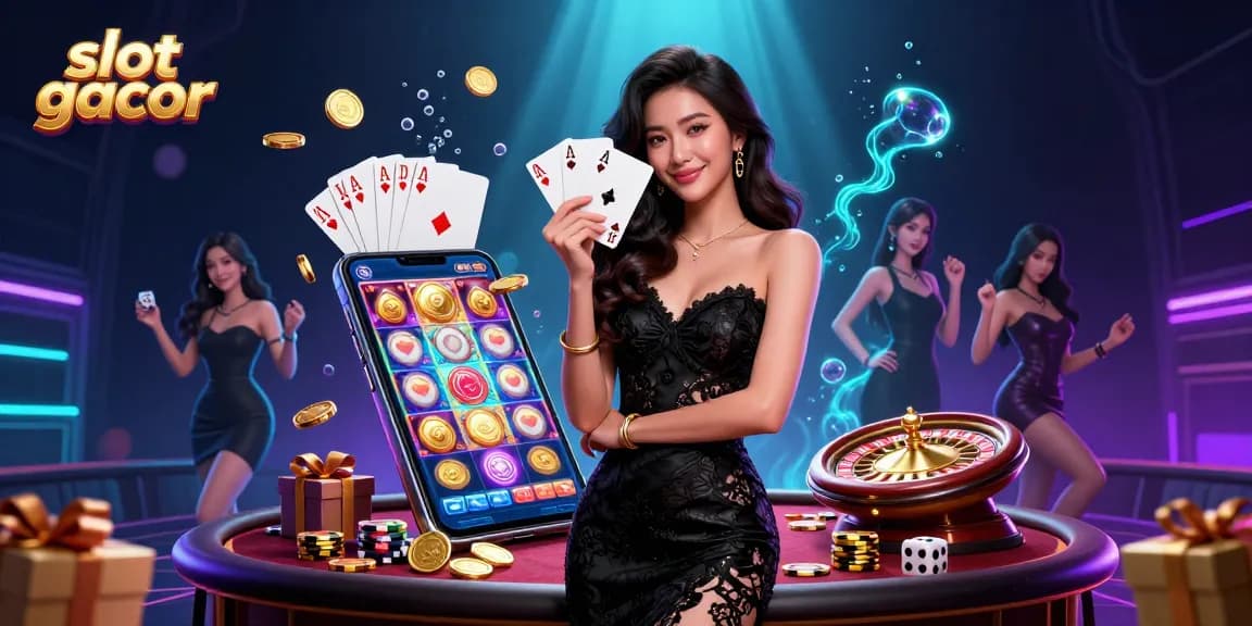 Experience exciting slot gacor wins with a stunning visual of a glamorous woman holding cards in a vibrant casino.