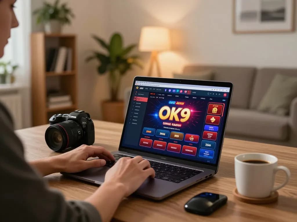Player exploring the OK9 online casino platform on a laptop in a cozy home setting