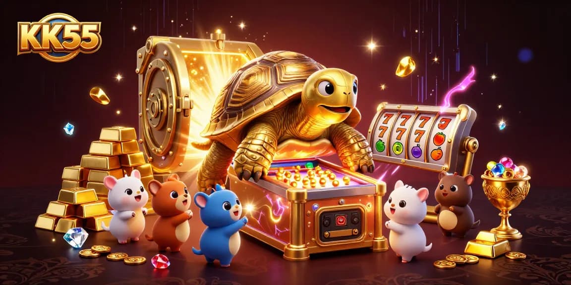 Experience the excitement of KK55 with a colorful illustration featuring a golden tortoise pinball machine.